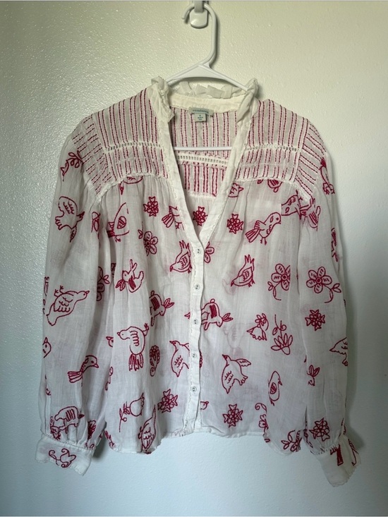 Sundance Tops - Sundance White Cotton Button-Front Shirt with Red Embroidered Motifs